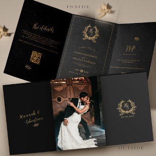 Carte Trois Volets Or Noir Photo Code QR Réponse Détails Mariage