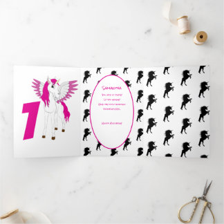 Carte Trois Volets Pailleté Rose Pâle Licorne 1er Anniversaire