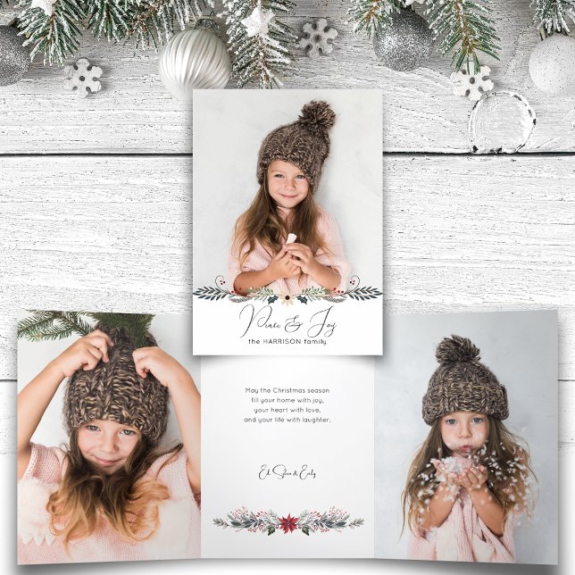 Carte Trois Volets Paix moderne et joie Noël Photo botanique (Créateur téléchargé)