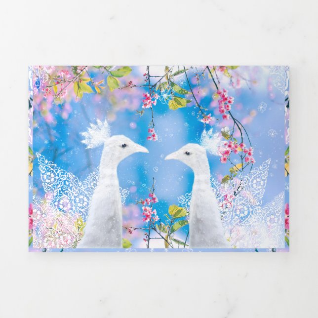 Carte Trois Volets Paon blanc et sakura fleuri / Amour romantique (Page de couverture)