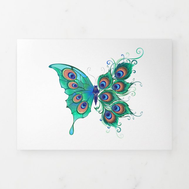 Carte Trois Volets Papillon aux plumes de paon vert (Page de couverture)