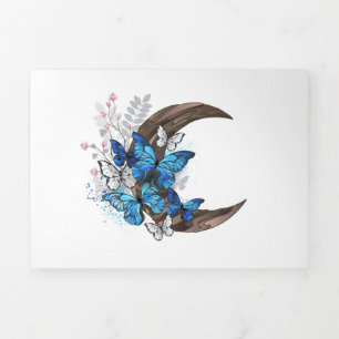 Carte Trois Volets Papillons bleus sur croissant en bois
