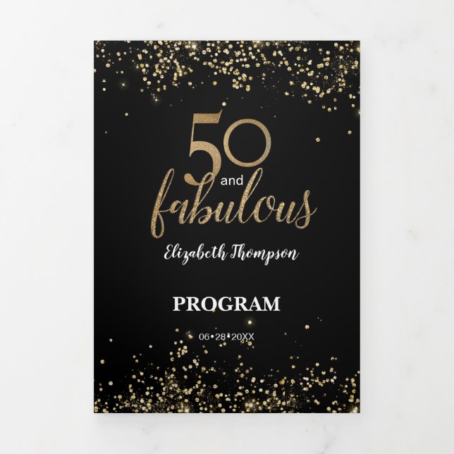 Carte Trois Volets Parties scintillant d'or Confetti 50 et Fabulous P (Page de couverture)