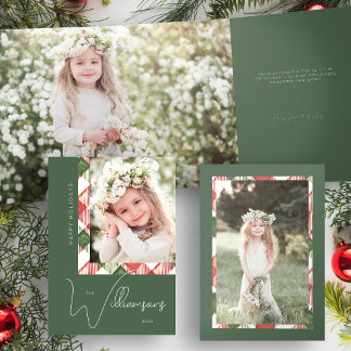 Carte Trois Volets Photo de bordure à carreaux de Noël vert/rouge chi