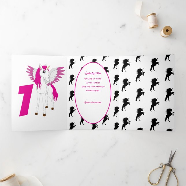 Carte Trois Volets Pink Pastle Parties scintillant Unicorn 1er annive (Intérieur)