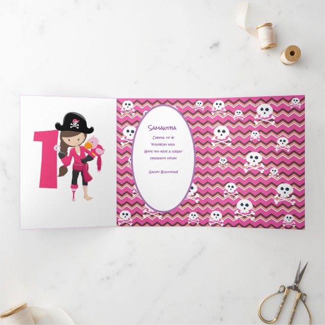 Carte Trois Volets Pirate rose 1er anniversaire (Intérieur)