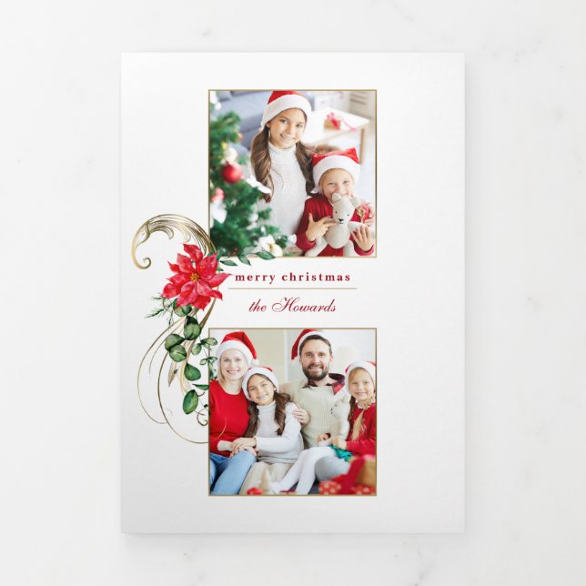 Carte Trois Volets Poinsettias élégant et manuscrits or 2 photos (Page de couverture)