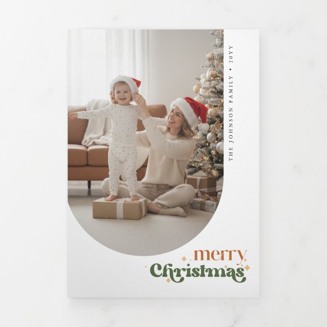 Carte Trois Volets Retro Merry Christmas Photo Trifold Fold Card (Page de couverture)