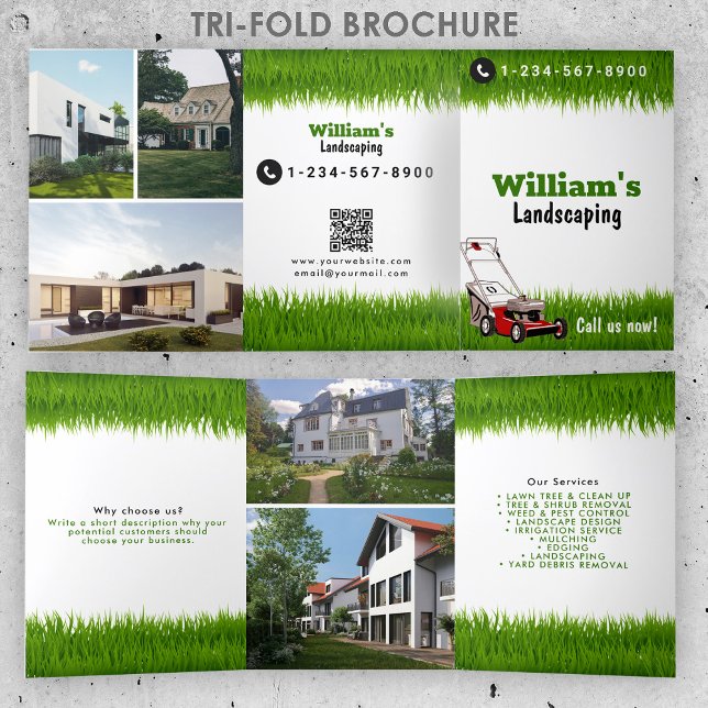 Carte Trois Volets Services de découpe de tondeuse de pelouse, Brochu (Lawn Mowing Cutting Services, Lawn Care Brochure)