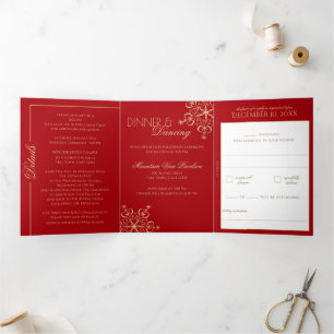 Carte Trois Volets Snowflakes Red et Gold Sparkle Tri-Fo