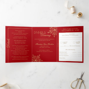 Carte Trois Volets Snowflakes Red et Gold Sparkle Tri-Fo