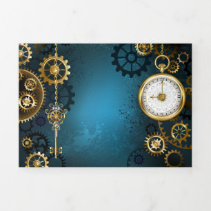 Carte Trois Volets Steampunk Arrière - plan turquoise avec Gears