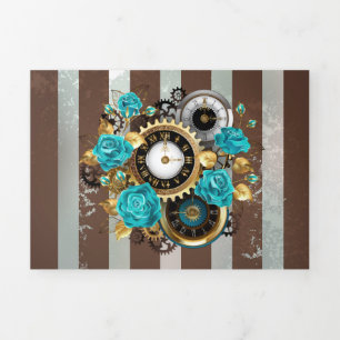 Carte Trois Volets Steampunk Clock and Turquoise Roses on Striped