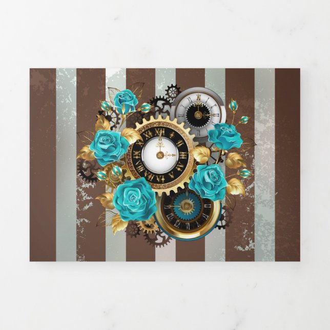 Carte Trois Volets Steampunk Clock and Turquoise Roses on Striped (Page de couverture)