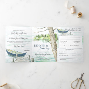 Carte Trois Volets Watercolor Lake Blue Canoe Mariage All In One Invi