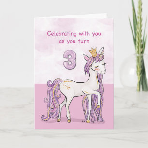 Carte Troisième Anniversaire Cheval Rose Avec Couronne