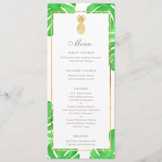 Carte Tropical Ananas Gold & Green Mariage Menu (Devant)