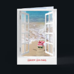 Carte Tropical Beach Christmas Sand Snowman<br><div class="desc">Cute sand man with striped knit cap in beach sand on ocean shore with window frame</div>