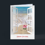 Carte Tropical Beach Christmas Sand Snowman<br><div class="desc">Cute sand man with striped knit cap in beach sand on ocean shore with window frame</div>