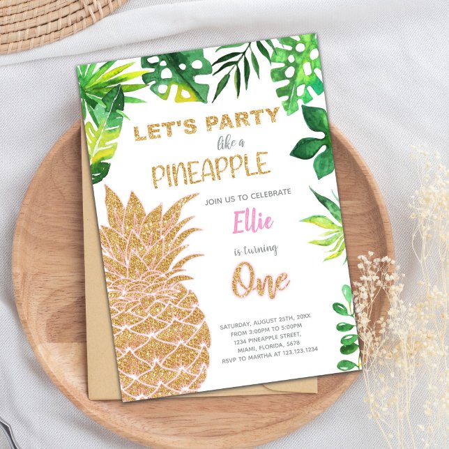 Carte Tropical Glam Summer Party (Golden Glitter Pineapple Invitations)