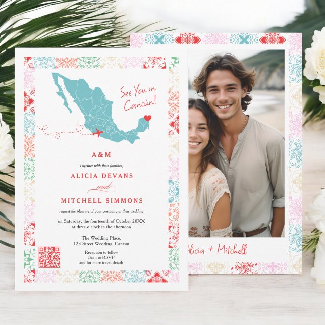 Carte Tropical Mexico QR destination mariage (Tropical Mexico map QR destination wedding Invitation)