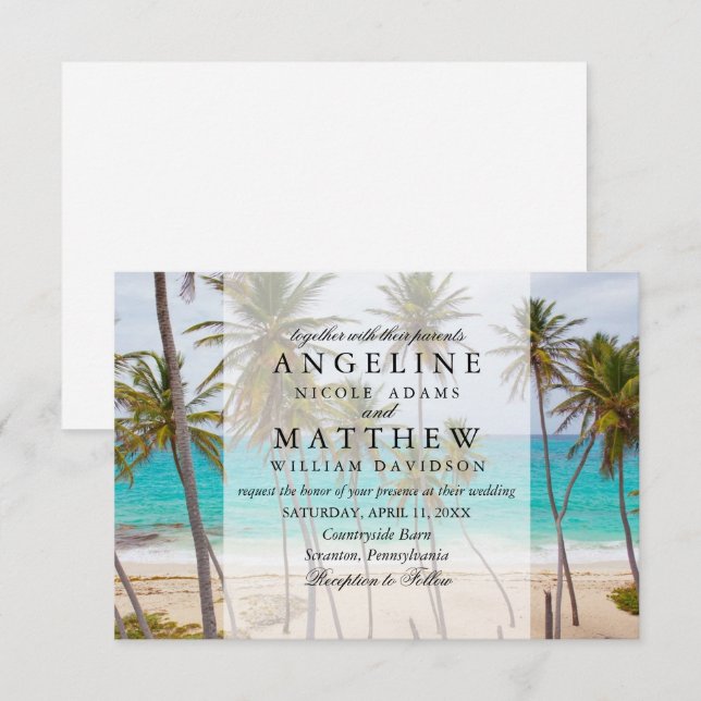 Carte Tropical Palm Tree Beach Destination Wedding (Devant / Derrière)