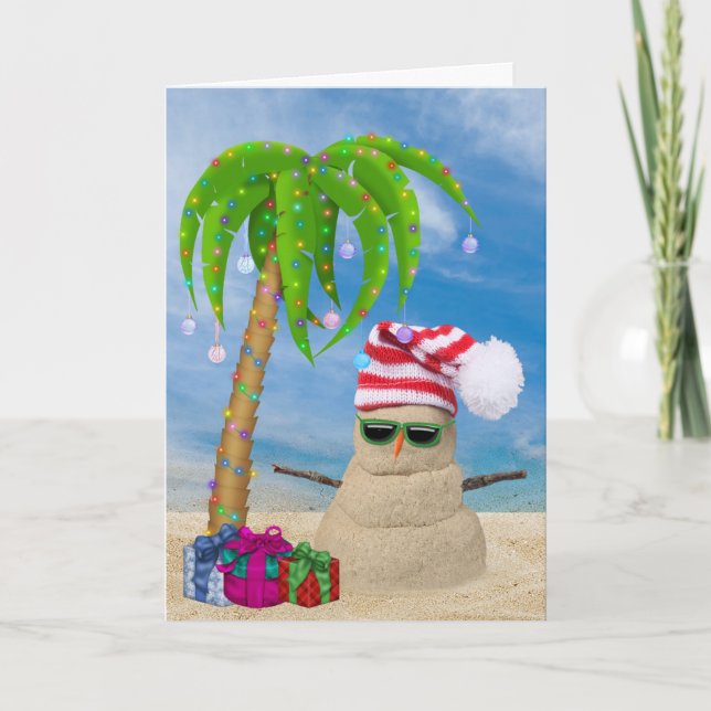 Carte Tropical Sand Snowman with Christmas palm tree (Devant)