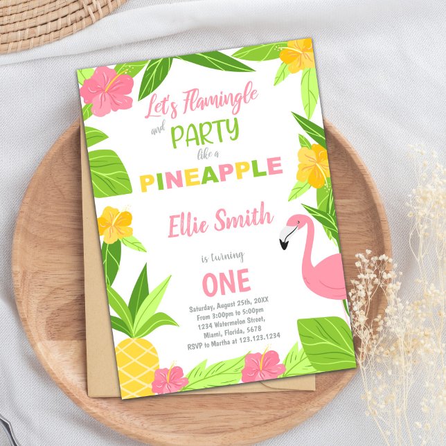 Carte Tropical Summer Party pour filles (Flamingo & Pineapple Birthday Invitations)