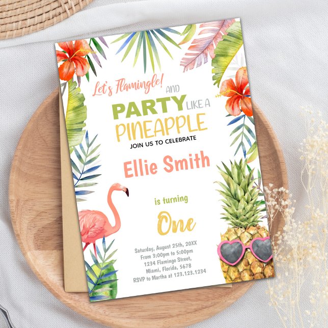 Carte Tropical Summer Party pour filles (Red Flamingo & Pineapple Birthday Invitations)