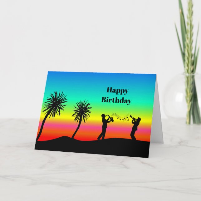 Carte Tropical Sunset Musiciens Silhouette Anniversaire (Devant)