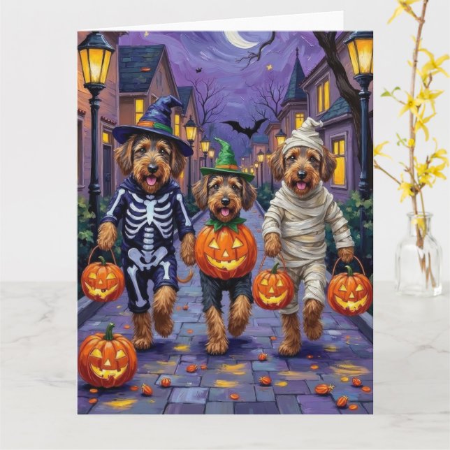 Carte Trottinette Airedale Terriers Trick-or-Treating Ha (Fleur jaune)