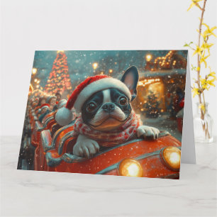 Carte Trottinette de chien Boston Terrier Noël
