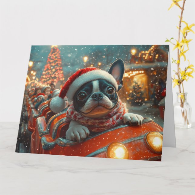 Carte Trottinette de chien Boston Terrier Noël (Fleur jaune)