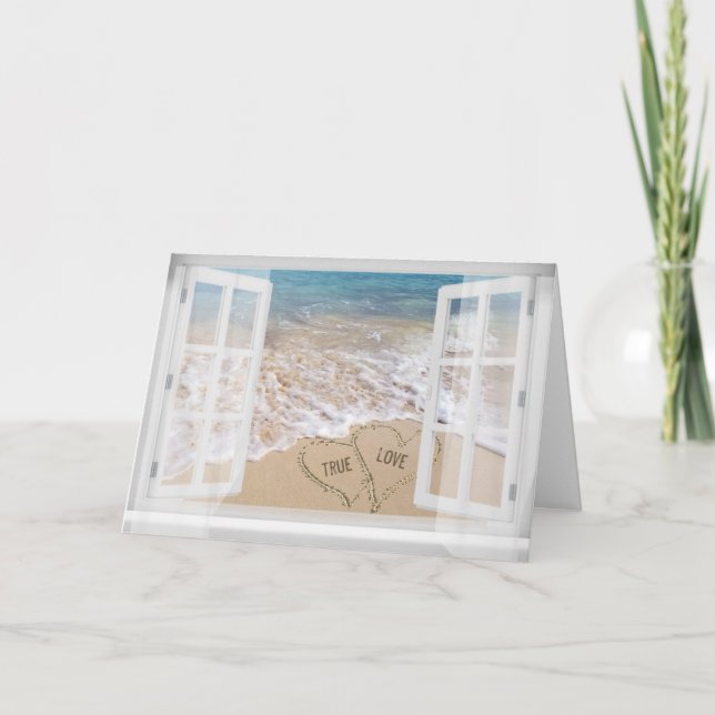 Carte True Love texte dans le coeur de sable de plage (Devant)