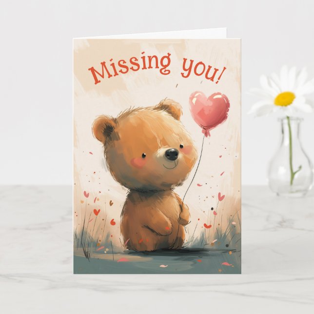 Carte Tu me manques : Ourson mignon avec ballon (Petite plante)