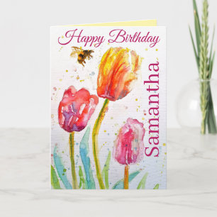 Carte Tulipe élégante et abeille aquarelle Nom de femme