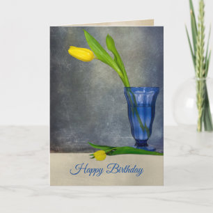 Carte tulipe jaune d'anniversaire dans un verre de sunda
