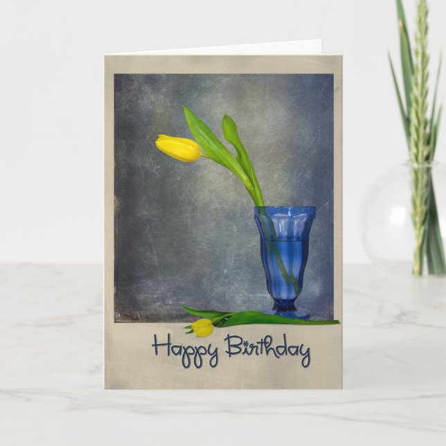 Carte tulipe jaune d'anniversaire en verre bleu (Devant)