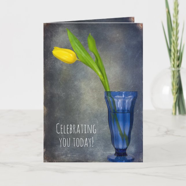 Carte tulipe jaune en verre bleu anniversaire (Devant)