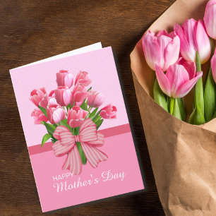 Carte Tulipe Rose Élégante Rétro Avec Ruban Fête des Mèr