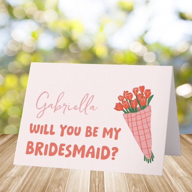 Carte Tulipe Rose Mignonne Veux-Tu Être Ma Demoiselle d' (Pop the question to your bridesmaid with this adorable card! A perfect blend of florals and charm.)