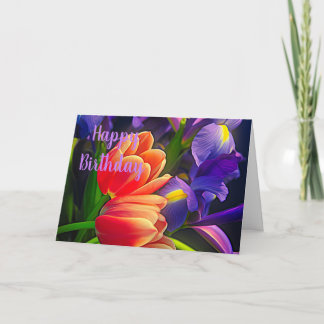 Carte Tulipes colorées et Fleurs d'Iris Voeux d'annivers
