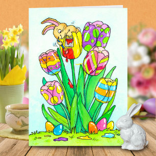 Carte Tulipes de Pâques avec salutation de lapin 