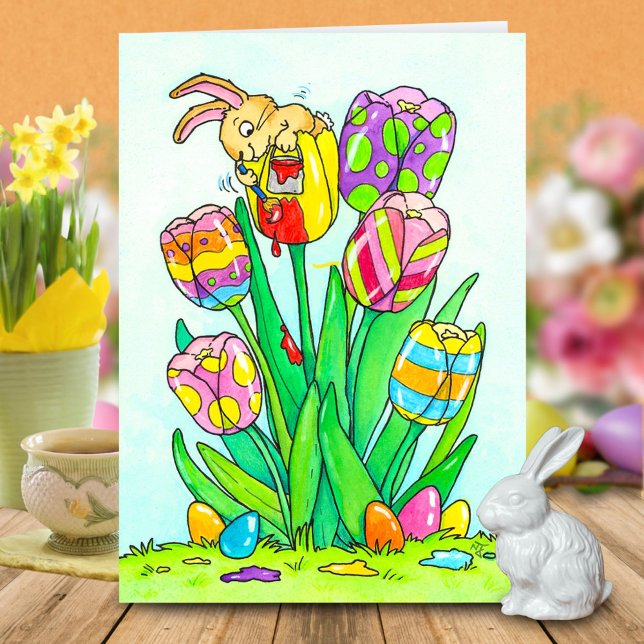 Carte Tulipes de Pâques avec salutation de lapin  (Créateur téléchargé)