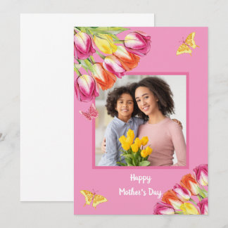 Carte Tulipes et papillons Pink Photo Fête des mères