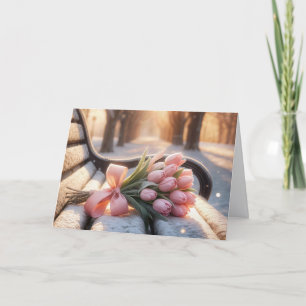 Carte Tulipes roses d'anniversaire sur un banc enneigé