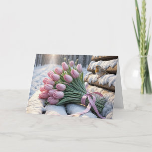 Carte Tulipes roses d'anniversaire sur un banc neigeux