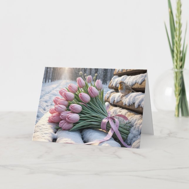 Carte Tulipes roses d'anniversaire sur un banc neigeux (Devant)