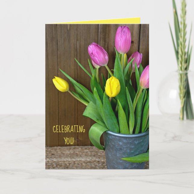 Carte tulipes roses et jaunes dans un seau anniversaire (Devant)