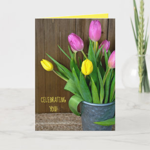 Carte tulipes roses et jaunes dans un seau pour annivers